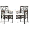 2 Pieces PE Wicker Patio Bistro Dining Chairs with Acacia Wood Armrests and Cushions