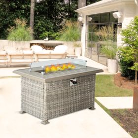 Outdoor Wicker Gas Fire Table, Patio Propane Gas Fire Pit w Aluminum Tabletop,Glass Wind Guard