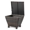 Outdoor PE Wicker Side Table with Storage, Small Patio Storage Bin Container for Hose Cushion Towel, Brown