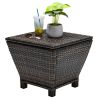 Outdoor PE Wicker Side Table with Storage, Small Patio Storage Bin Container for Hose Cushion Towel, Brown