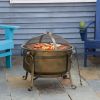 30" Outdoor Fire Pit Grill, Portable Steel Wood Burning Bowl, Cooking Grate, Poker, Spark Screen Lid for Patio, Backyard, BBQ, Camping, Bronze Colored