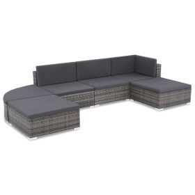 6 Piece Patio Lounge Set with Cushions Poly Rattan Gray (Color: Grey)