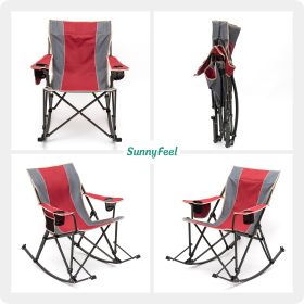 Oversized Rocking Camping Chair, Outdoor Luxury Padded Recliner, Folding Lawn Chair with Pocket, 300 LBS Heavy Duty for Picnic/Lounge/Patio, Portable (Color: Red)