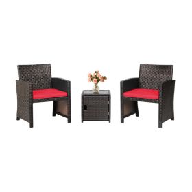 3 Pieces Patio Wicker Furniture Set with Storage Table and Protective Cover (Color: Red)