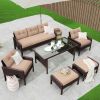 6-Piece Outdoor Patio PE Wicker Rattan Sofa Set Dining Table Set with Removable Cushions and Tempered Glass Tea Table for Backyard;  Poolside;  Deck