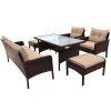 6-Piece Outdoor Patio PE Wicker Rattan Sofa Set Dining Table Set with Removable Cushions and Tempered Glass Tea Table for Backyard;  Poolside;  Deck